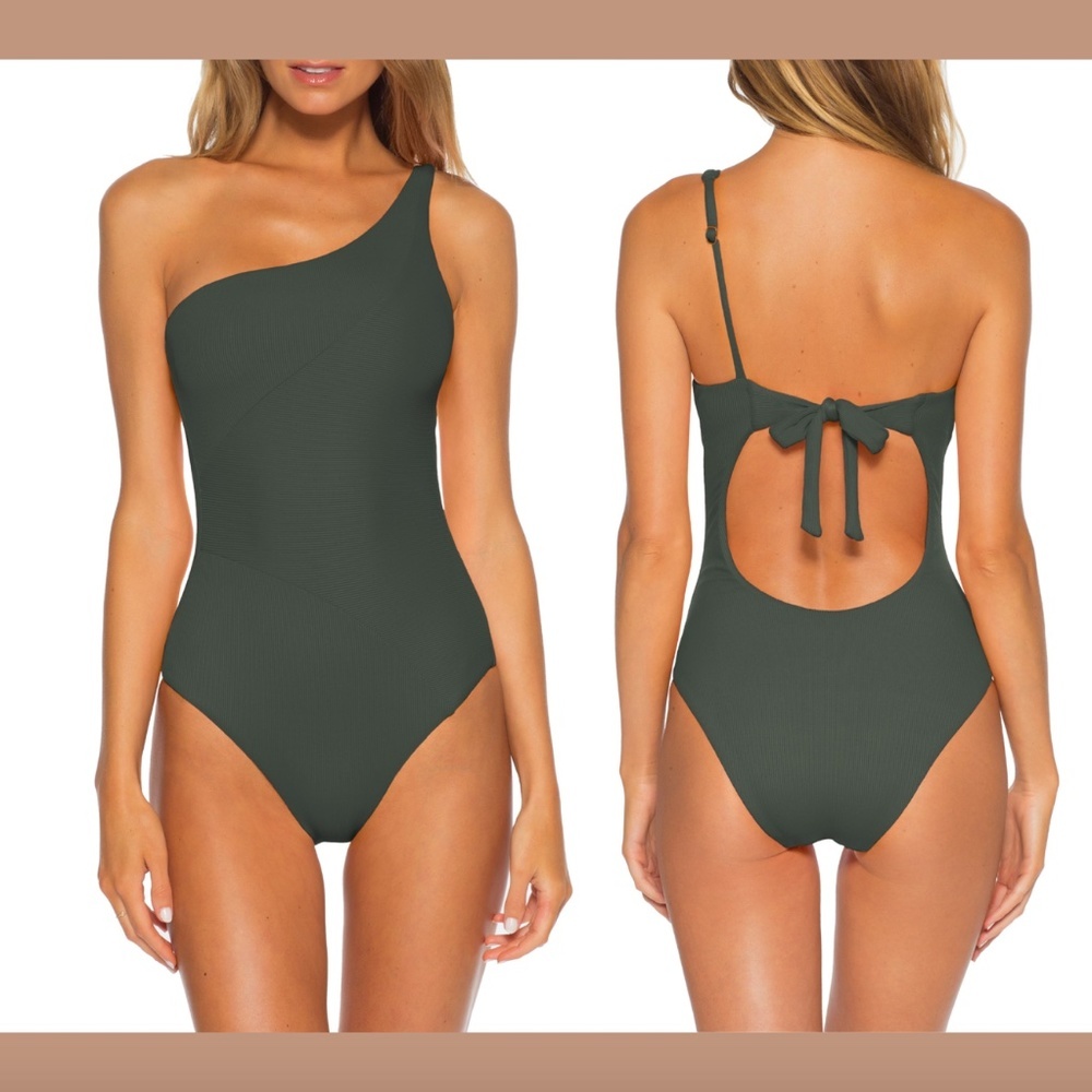 NEW $128 Becca Fine Line‎ One-Shoulder One-Piece Swimsuit Green [ SZ Small ]